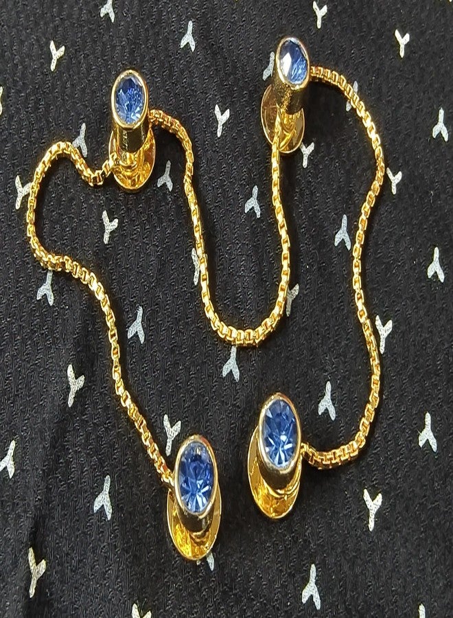 Maskey Brass Body Gold Plated Rhodium Polished Luxury Designer Blue Sapphire Gemstone Kurta Buttons for Men and Women - Image 3