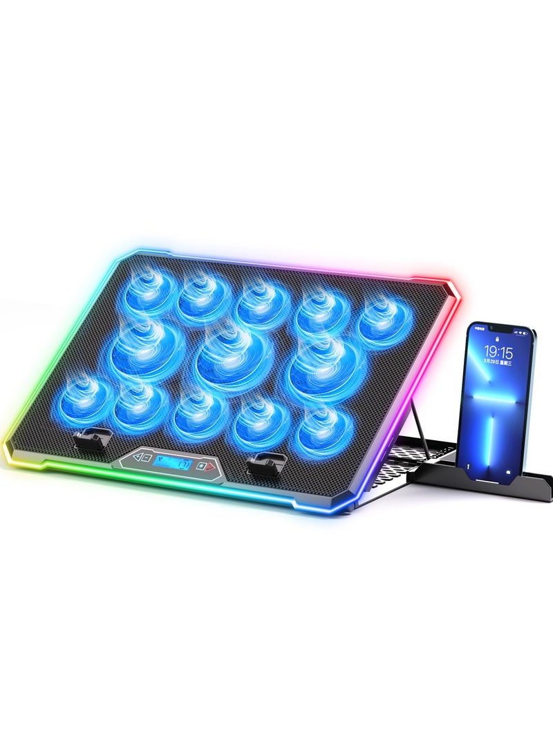 آيس كوريل لوحة تبريد كمبيوتر محمول RGB، مبرد كمبيوتر محمول للألعاب، حامل تبريد بمروحة كمبيوتر محمول مع 13 مروحة تبريد هادئة لأجهزة الكمبيوتر المحمولة مقاس 15.6-17.3 بوصة، حامل 9 ارتفاعات، مصابيح LED وشاشة LCD، منفذان USB، للاستخدام على مكتب الكمبيوتر المحمول - Image 1