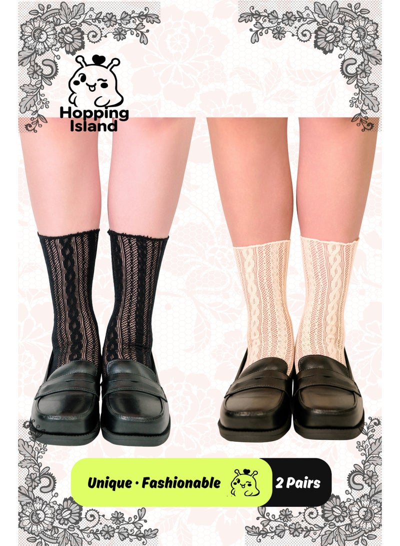 ​جَزِيرَةُ الْقَفَزَاتِ جوارب زهرية للسيدات بحافة دانتيل قابلة للتهوية، مجموعة جوارب كاحل باللونين الأسود والبيج [HI] - Image 1