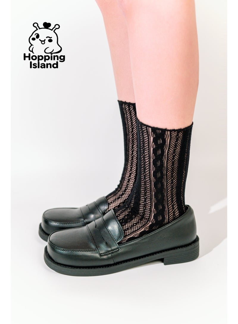 ​جَزِيرَةُ الْقَفَزَاتِ جوارب زهرية للسيدات بحافة دانتيل قابلة للتهوية، مجموعة جوارب كاحل باللونين الأسود والبيج [HI] - Image 2