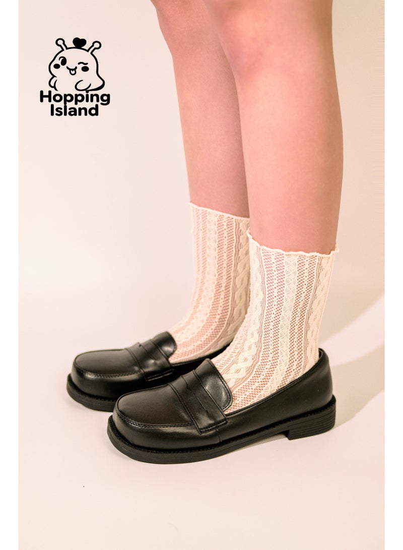 ​جَزِيرَةُ الْقَفَزَاتِ جوارب زهرية للسيدات بحافة دانتيل قابلة للتهوية، مجموعة جوارب كاحل باللونين الأسود والبيج [HI] - Image 5