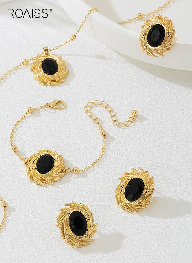 رويس طقم مجوهرات نسائي مكون من أربع قطع، مجموعة مجوهرات عصرية وفريدة من نوعها غير منتظمة مطلية بالذهب مرصعة بأحجار كريمة سوداء بيضاوية الشكل متألقة من الزهور للسيدات، قلادة هندسية، أقراط، سوار، وخاتم، مطلية بالذهب - Image 4