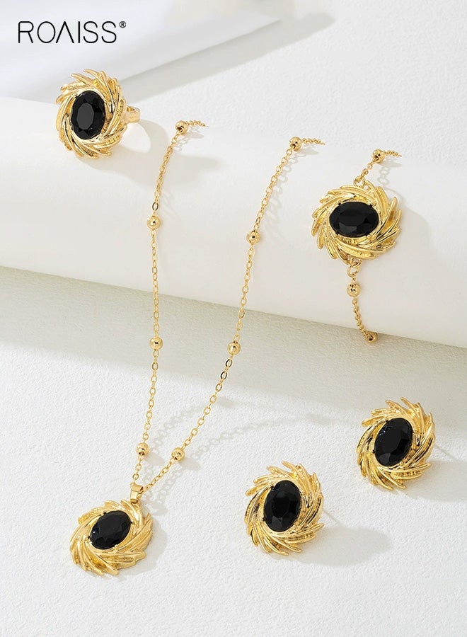 رويس طقم مجوهرات نسائي مكون من أربع قطع، مجموعة مجوهرات عصرية وفريدة من نوعها غير منتظمة مطلية بالذهب مرصعة بأحجار كريمة سوداء بيضاوية الشكل متألقة من الزهور للسيدات، قلادة هندسية، أقراط، سوار، وخاتم، مطلية بالذهب - Image 1