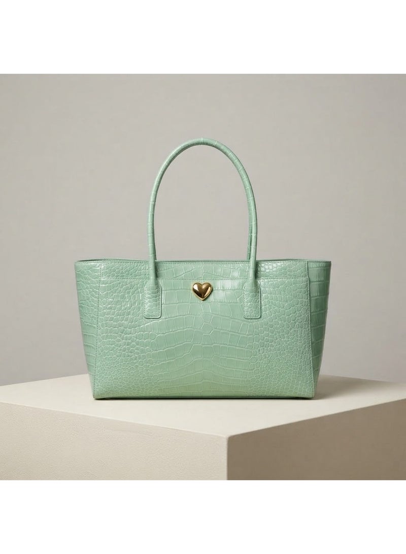 Crocodile-Embossed Tote Bag with Heart Accent, Mint Green, 36 cm - Image 1