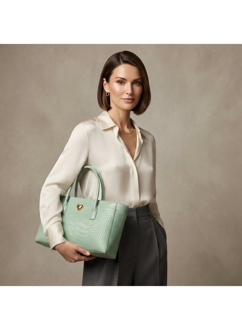Crocodile-Embossed Tote Bag with Heart Accent, Mint Green, 36 cm - Image 2