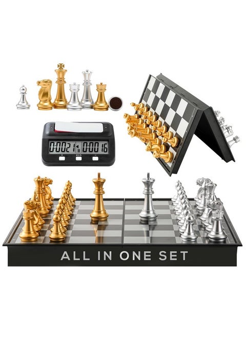 Magnetic Chess Board Game & Digital Chess Clock Timer Set - Professional And Portable, 14" X 14" Inches Chess Board - Travel Chess, Board Games