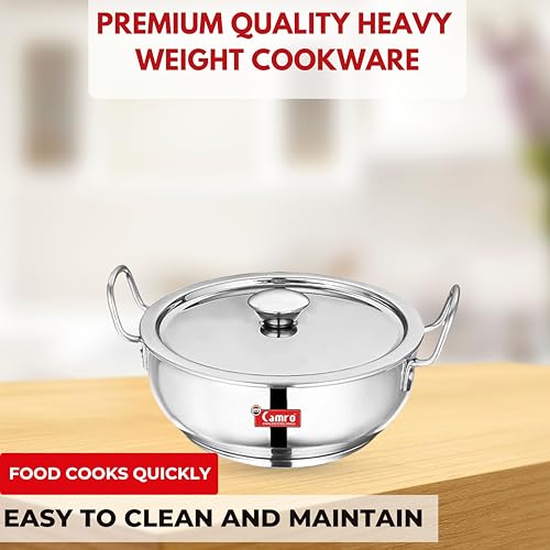 Camro Stainless Steel Kadhai 4 Litre with Lid|Heavy Gauge Deep Kadai with Induction Bottom Base|for Frying, Deep Fry & Curry|Triply Style Strong Body|Gas Stove & Induction Cooktop Compatible Cookware - Image 5