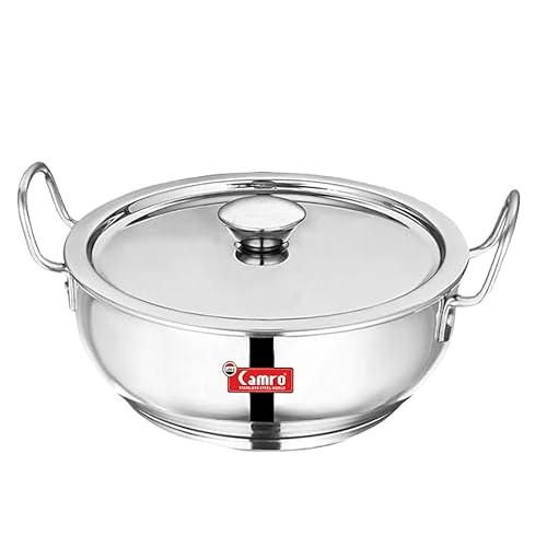 Camro Stainless Steel Kadhai 4 Litre with Lid|Heavy Gauge Deep Kadai with Induction Bottom Base|for Frying, Deep Fry & Curry|Triply Style Strong Body|Gas Stove & Induction Cooktop Compatible Cookware - Image 1