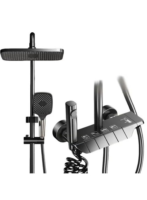 Shower System Thermostatic, 4-Function Piano Key Wall-Mounted Shower Set, with 12" Shower Head, 3 Function Hand Shower, Bath Mixers and Bidet Sprayers Brass Body（Black）