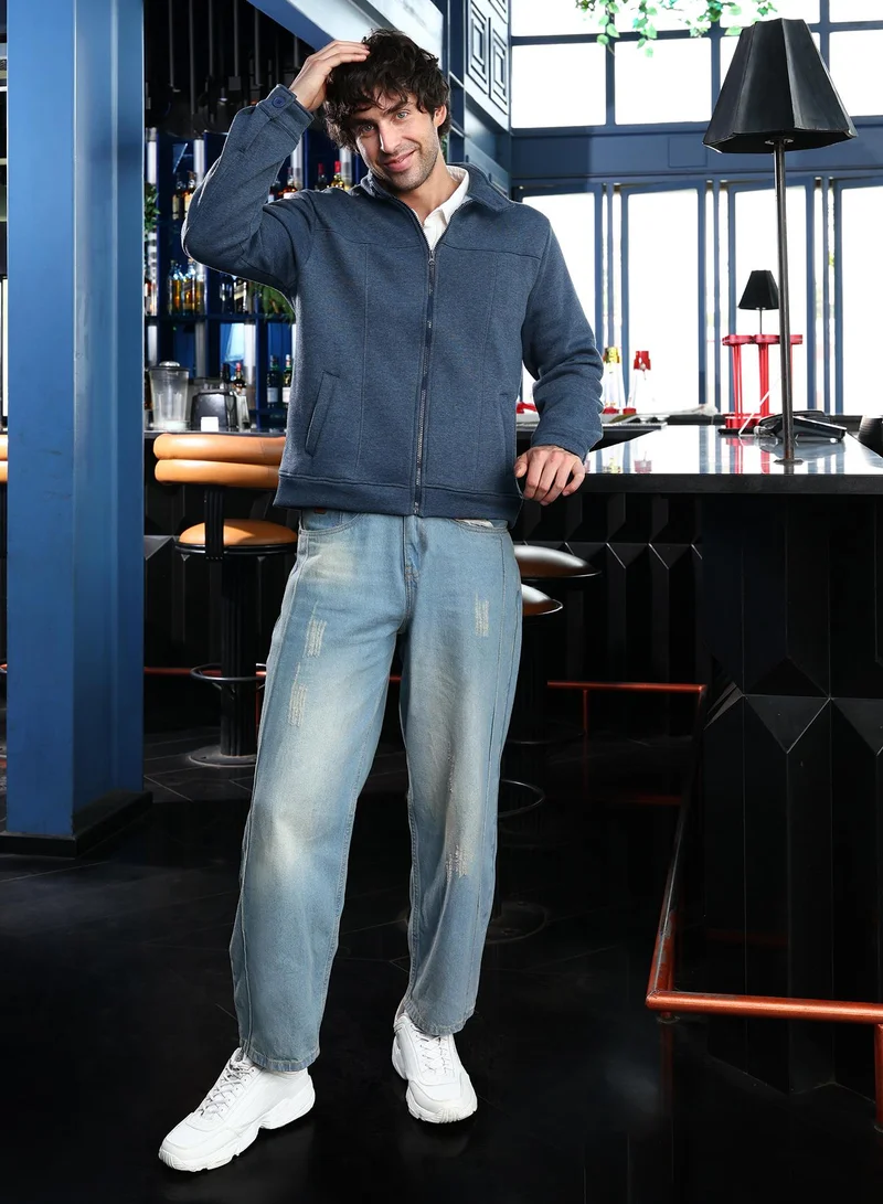 كامبوس سوترا جاكيت رجالي محبوك بخياطة متباينة بياقة دائرية وأكمام طويلة بأزرار وسحاب وحافة مستقيمة مضلعة بلون سادة ميلانج من قماش محبوك للاستخدام اليومي والكاجوال بلون أزرق نيلي