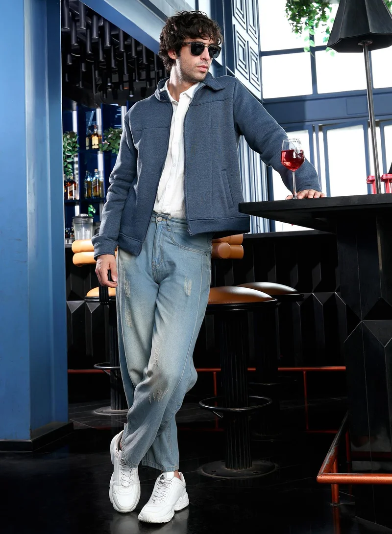 كامبوس سوترا جاكيت رجالي محبوك بخياطة متباينة بياقة دائرية وأكمام طويلة بأزرار وسحاب وحافة مستقيمة مضلعة بلون سادة ميلانج من قماش محبوك للاستخدام اليومي والكاجوال بلون أزرق نيلي