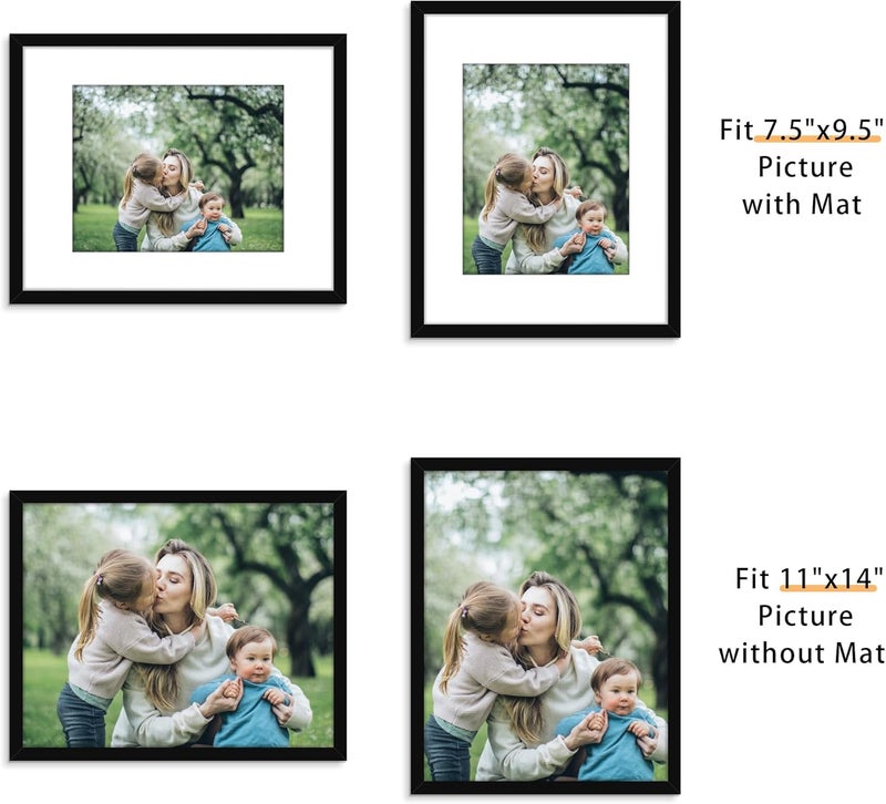 Picrit 11x14 Picture Frame Set of 12, Photo Display 8x10 with Mat or 11x14 Without Mat for Wall Mounting or Table Top Display, Black. - Image 2