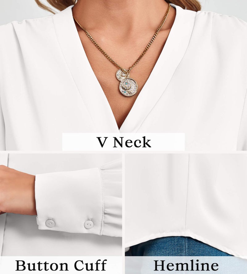 Flowyair Women's Business Casual Tops Summer Long Sleeve Button Down Shirts V Neck Chiffon Blouses A-White - Image 5