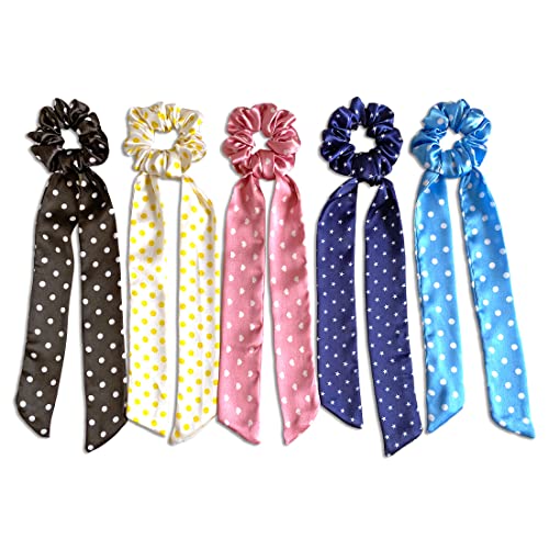 SILVR BEAR Luxury Satin - Set of 5 Same Colours As Pic, Printed Ribbon Scarf Scrunchies, Anti-Hair-Breakage Hair Accessories for Girls, Hair Ties, Best gift for Sister, Friend, Mom (Polka Dots) - Image 1