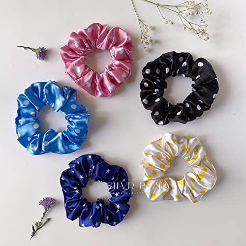 SILVR BEAR Luxury Satin - Set of 5 Same Colours As Pic, Printed Ribbon Scarf Scrunchies, Anti-Hair-Breakage Hair Accessories for Girls, Hair Ties, Best gift for Sister, Friend, Mom (Polka Dots) - Image 2