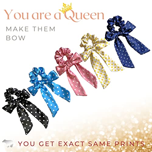 SILVR BEAR Luxury Satin - Set of 5 Same Colours As Pic, Printed Ribbon Scarf Scrunchies, Anti-Hair-Breakage Hair Accessories for Girls, Hair Ties, Best gift for Sister, Friend, Mom (Polka Dots) - Image 5
