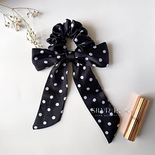 SILVR BEAR Luxury Satin - Set of 5 Same Colours As Pic, Printed Ribbon Scarf Scrunchies, Anti-Hair-Breakage Hair Accessories for Girls, Hair Ties, Best gift for Sister, Friend, Mom (Polka Dots) - Image 3
