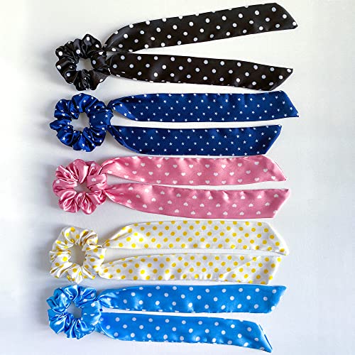 SILVR BEAR Luxury Satin - Set of 5 Same Colours As Pic, Printed Ribbon Scarf Scrunchies, Anti-Hair-Breakage Hair Accessories for Girls, Hair Ties, Best gift for Sister, Friend, Mom (Polka Dots) - Image 4