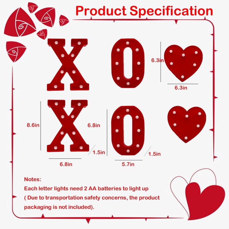 Seilvda Valentines Day XOXO Letters Decoration - 6Pcs Red Marquee Letter Lights with Heart Sign, LED Light up XOXO Letters for Valentines Day Window Table Home Bedroom Fireplace Indoor Decor, Battery Powered, 8.6'' - Image 3