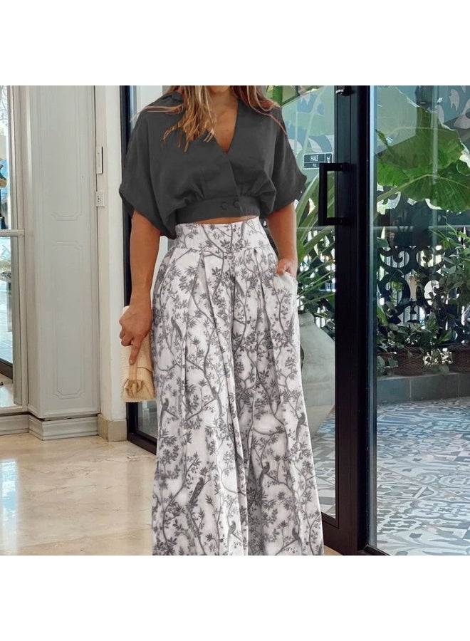 general 2025-2026 Women's set loose large size casual printed shirt solid color wide leg pants two-piece set - Image 1