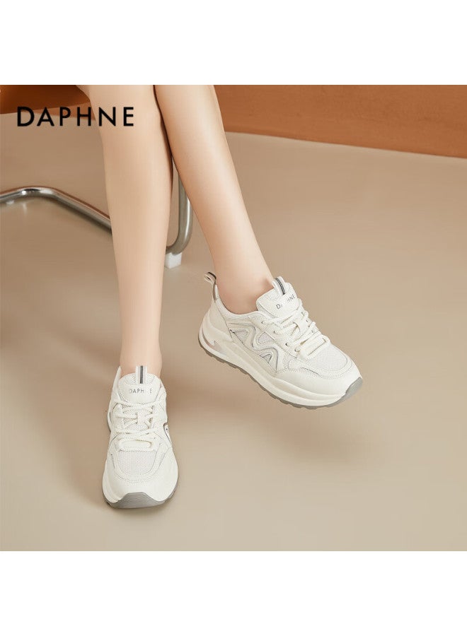 Daphne Women's Casual Sports Shoes Lightweight Comfortable Thick-soled Height-increasing Travel Shoes Low-top Lace-up Women's Shoes Beige Silver Color Size 37 - Image 5