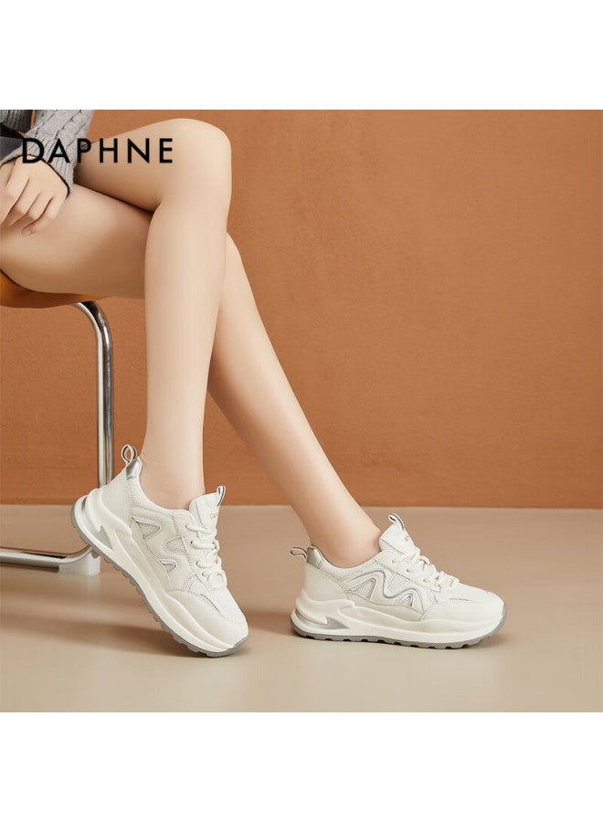 Daphne Women's Casual Sports Shoes Lightweight Comfortable Thick-soled Height-increasing Travel Shoes Low-top Lace-up Women's Shoes Beige Silver Color Size 37 - Image 1