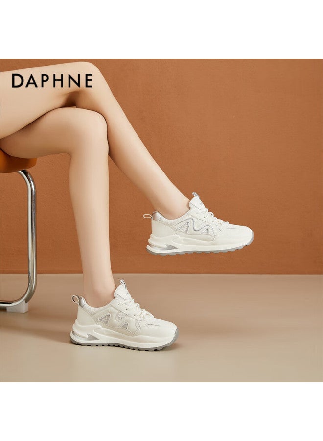 Daphne Women's Casual Sports Shoes Lightweight Comfortable Thick-soled Height-increasing Travel Shoes Low-top Lace-up Women's Shoes Beige Silver Color Size 37 - Image 2