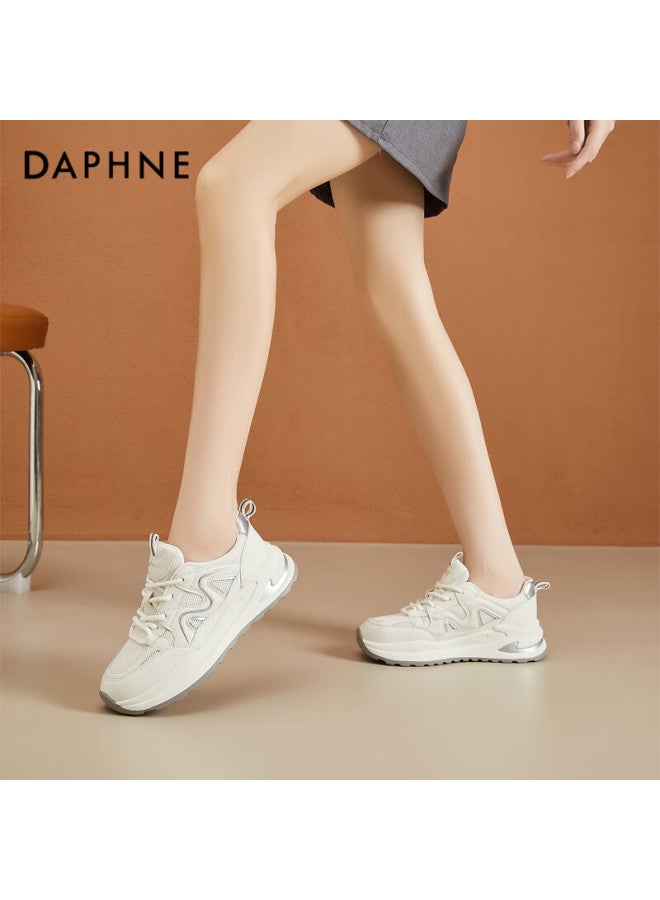 Daphne Women's Casual Sports Shoes Lightweight Comfortable Thick-soled Height-increasing Travel Shoes Low-top Lace-up Women's Shoes Beige Silver Color Size 37 - Image 4