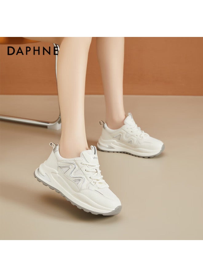 Daphne Women's Casual Sports Shoes Lightweight Comfortable Thick-soled Height-increasing Travel Shoes Low-top Lace-up Women's Shoes Beige Silver Color Size 37 - Image 3