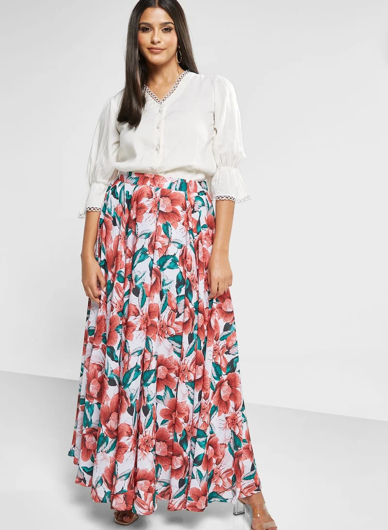 KYETH Button Down Shirt & Printed Skirt Set