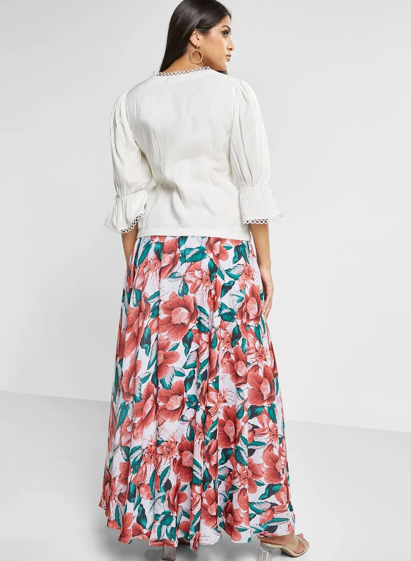 KYETH Button Down Shirt & Printed Skirt Set
