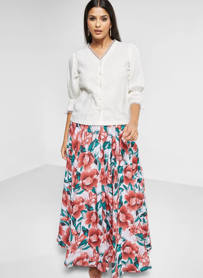 KYETH Button Down Shirt & Printed Skirt Set