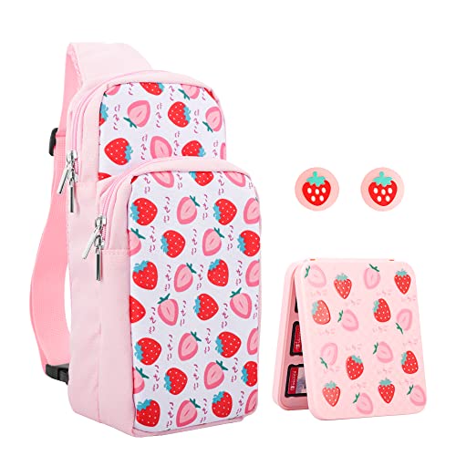 RHOTALL Pink Strawberry Travel Bag for Nintendo SwitchLiteOLED2Large Capacity Portable Carrying Case Compatible for Chest Shoulder Accessories Storage Backpack with 12 Slots Game CaseThumb Caps - Image 1