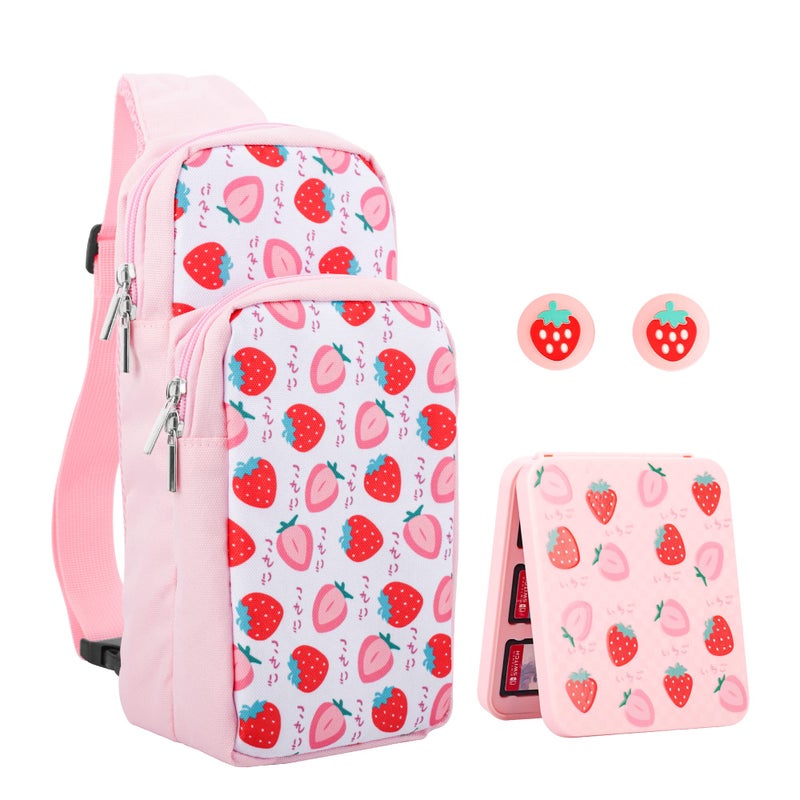 RHOTALL Pink Strawberry Travel Bag for Nintendo SwitchLiteOLED2Large Capacity Portable Carrying Case Compatible for Chest Shoulder Accessories Storage Backpack with 12 Slots Game CaseThumb Caps - Image 2