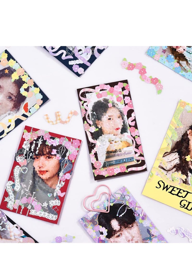 SYOSI Deco Stickers Set, 12 Sheets DIY Colorful Glitter Self Adhesive with Ribbon Flower Style, Kpop Potocard, Cute for Scrapbook Card Decor Craft Kids (Flower-12PCS) - Image 3