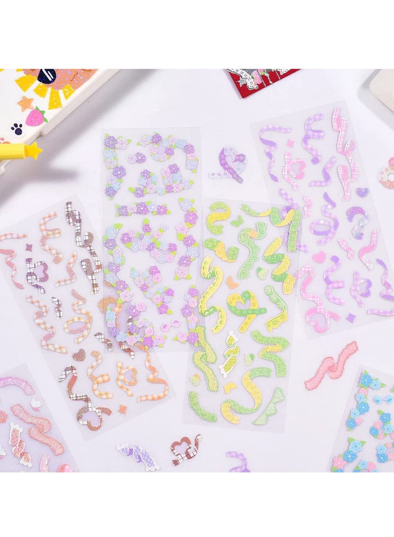 SYOSI Deco Stickers Set, 12 Sheets DIY Colorful Glitter Self Adhesive with Ribbon Flower Style, Kpop Potocard, Cute for Scrapbook Card Decor Craft Kids (Flower-12PCS) - Image 1