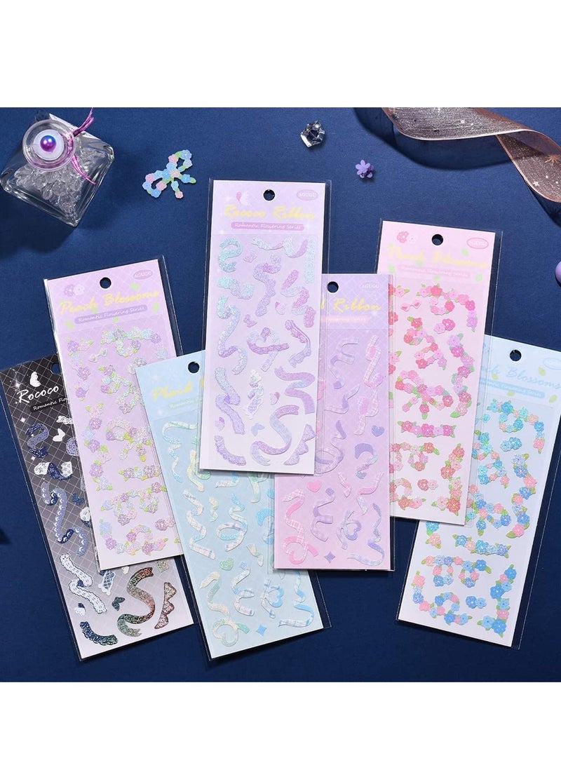 SYOSI Deco Stickers Set, 12 Sheets DIY Colorful Glitter Self Adhesive with Ribbon Flower Style, Kpop Potocard, Cute for Scrapbook Card Decor Craft Kids (Flower-12PCS) - Image 2