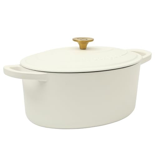 Crock-Pot Crock Pot Artisan 7-Quart Oval Dutch Oven With Lid, Enameled Cast Iron, Linen White With Gold Knob, Heavy-Duty Cookware for Baking, Braising, Roasting & Slow Cooking - Image 1