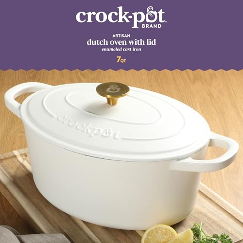 Crock-Pot Crock Pot Artisan 7-Quart Oval Dutch Oven With Lid, Enameled Cast Iron, Linen White With Gold Knob, Heavy-Duty Cookware for Baking, Braising, Roasting & Slow Cooking - Image 2