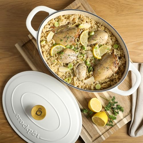 Crock-Pot Crock Pot Artisan 7-Quart Oval Dutch Oven With Lid, Enameled Cast Iron, Linen White With Gold Knob, Heavy-Duty Cookware for Baking, Braising, Roasting & Slow Cooking - Image 5