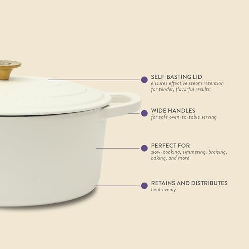 Crock-Pot Crock Pot Artisan 7-Quart Oval Dutch Oven With Lid, Enameled Cast Iron, Linen White With Gold Knob, Heavy-Duty Cookware for Baking, Braising, Roasting & Slow Cooking - Image 3