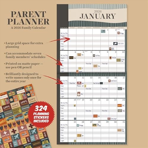 TF Publishing 2026 Parent Planner Wall Calendar - Large Grids for Appointments and Scheduling - Vertical Monthly Wall Calendar 2026 with Premium Matte Paper for Home and Office Organization - 12x12in - Image 4