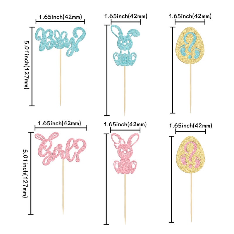 Ephlyn 24pcs Gender Reveal Cupcake Toppers - Blue Pink Glitter Bunny Egg Cake Picks - Happy Easter Cake Decorations - Bunny Easter Theme Spring Theme Babyshower Birthday Party Decorations - Image 2
