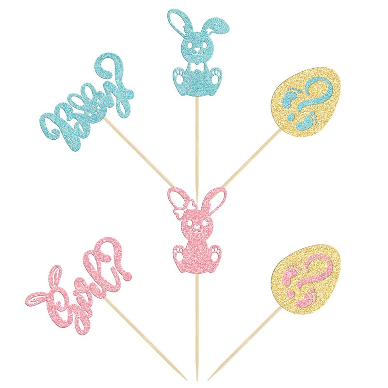 Ephlyn 24pcs Gender Reveal Cupcake Toppers - Blue Pink Glitter Bunny Egg Cake Picks - Happy Easter Cake Decorations - Bunny Easter Theme Spring Theme Babyshower Birthday Party Decorations - Image 3