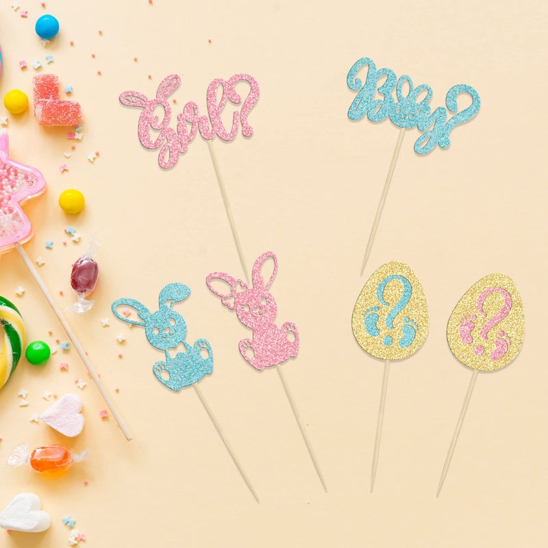 Ephlyn 24pcs Gender Reveal Cupcake Toppers - Blue Pink Glitter Bunny Egg Cake Picks - Happy Easter Cake Decorations - Bunny Easter Theme Spring Theme Babyshower Birthday Party Decorations - Image 4