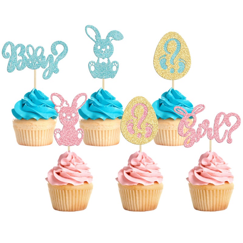 Ephlyn 24pcs Gender Reveal Cupcake Toppers - Blue Pink Glitter Bunny Egg Cake Picks - Happy Easter Cake Decorations - Bunny Easter Theme Spring Theme Babyshower Birthday Party Decorations - Image 1