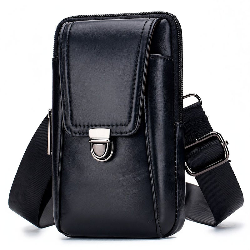 Leather Belt Bag: Black High-Quality Cow Leather & Metal Hardware - Durable Zippered Main Compartment Belt Pouch with Adjustable Removable Shoulder Strap for Waist Crossbody Daily Use - Image 1