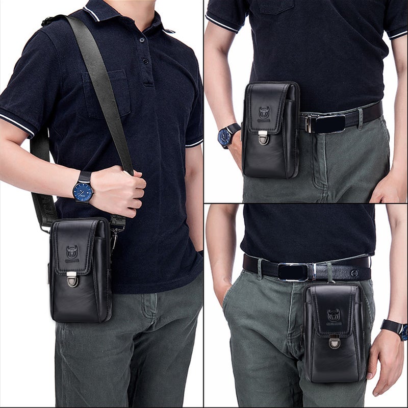 Leather Belt Bag: Black High-Quality Cow Leather & Metal Hardware - Durable Zippered Main Compartment Belt Pouch with Adjustable Removable Shoulder Strap for Waist Crossbody Daily Use - Image 4