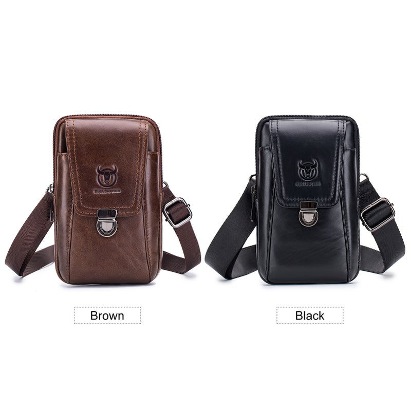 Leather Belt Bag: Black High-Quality Cow Leather & Metal Hardware - Durable Zippered Main Compartment Belt Pouch with Adjustable Removable Shoulder Strap for Waist Crossbody Daily Use - Image 2