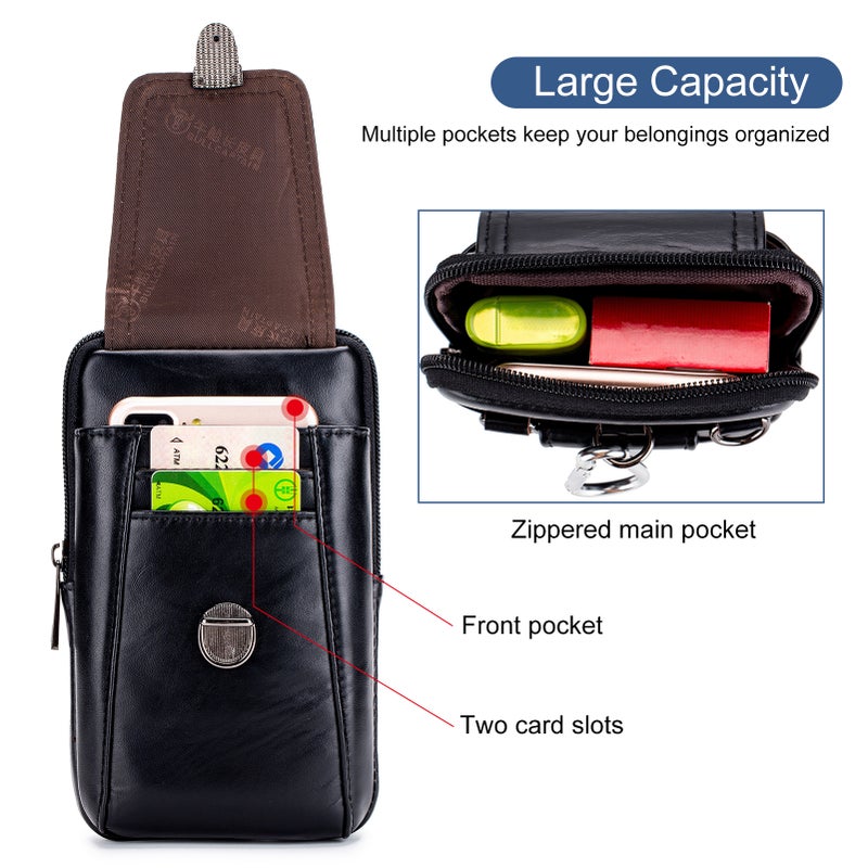 Leather Belt Bag: Black High-Quality Cow Leather & Metal Hardware - Durable Zippered Main Compartment Belt Pouch with Adjustable Removable Shoulder Strap for Waist Crossbody Daily Use - Image 3